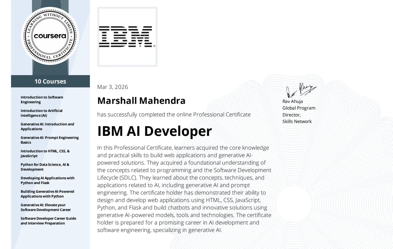 IBM AI Developer Professional Certificate certificate