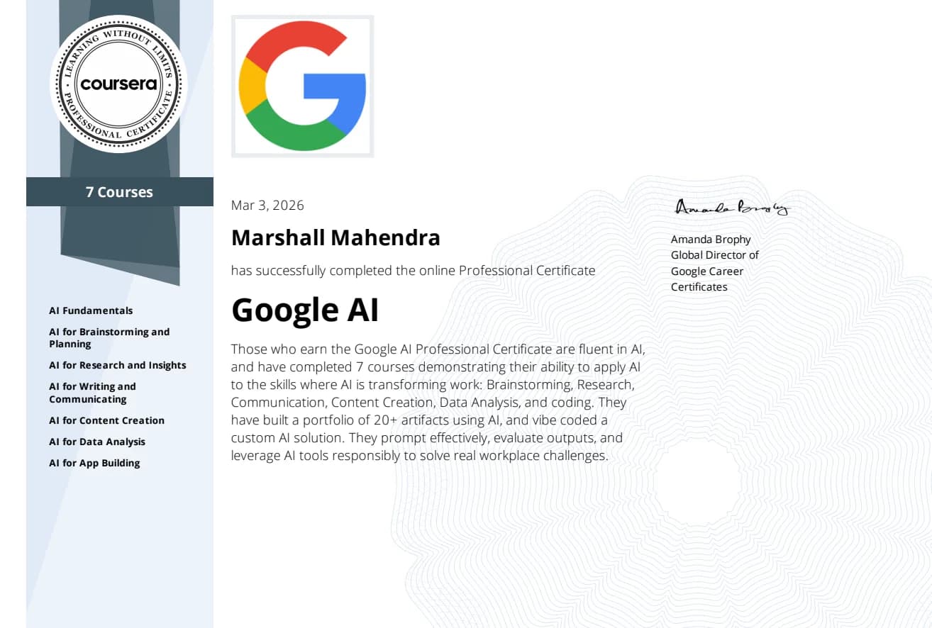 Google AI Professional Certificate certificate